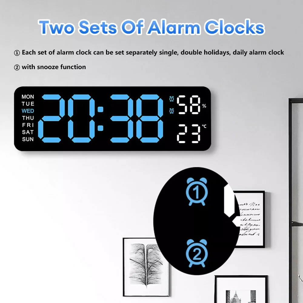 13 inches Wall-Mounted Digital Remote Control Digital  Wall Clock with Adapter Date Week Display Table Alarm Clock
