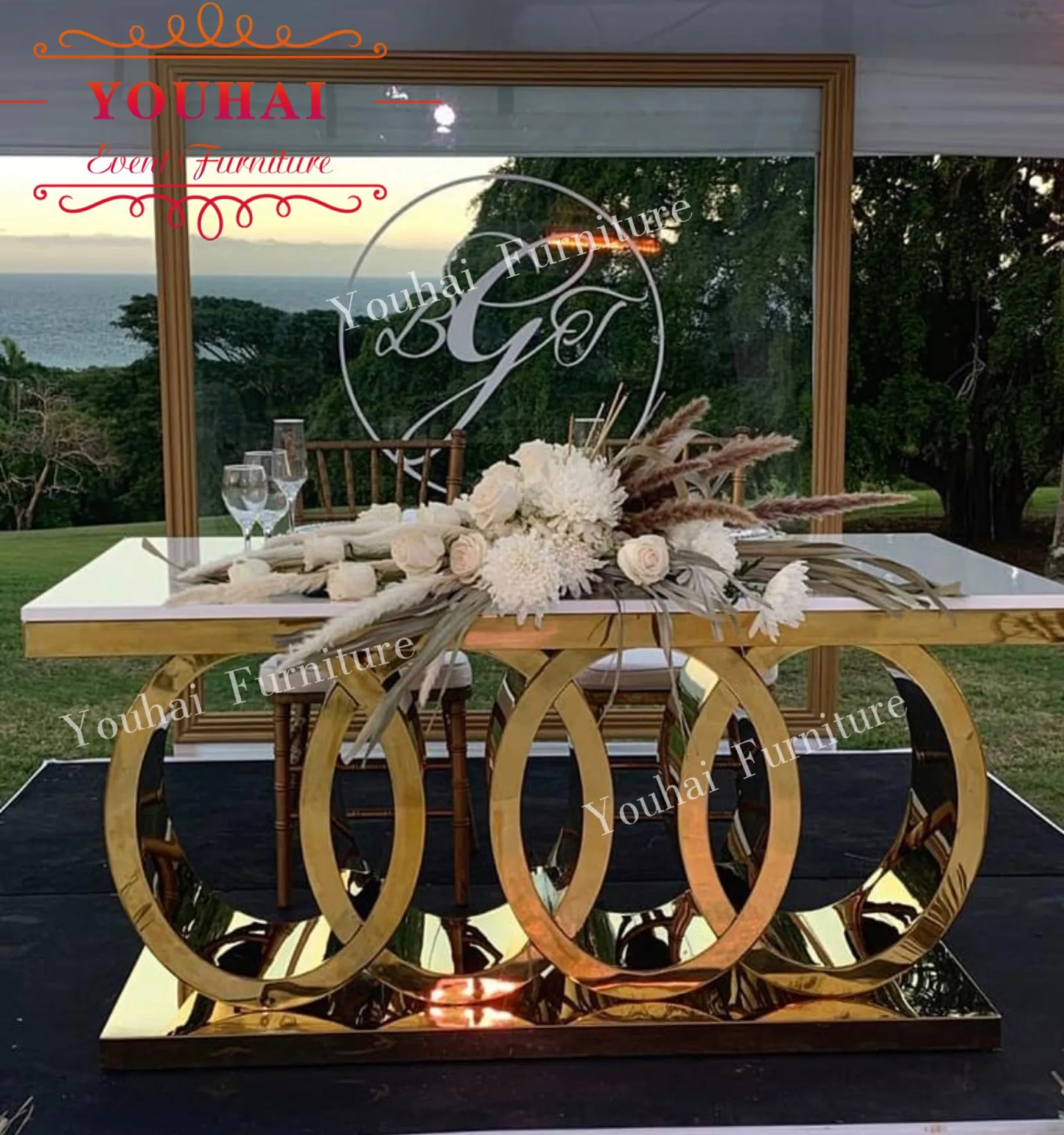 New design glass top stainless steel base dining wedding table for event
