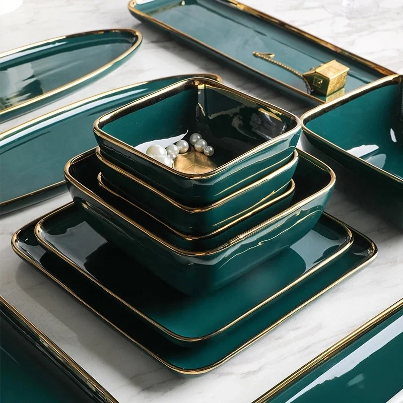 
Tableware Green Ceramic Dinner Set Gold Inlay Porcelain Dessert Plate Steak Snack Cake Plate Salad Soup Rice Bowl Wholesale 