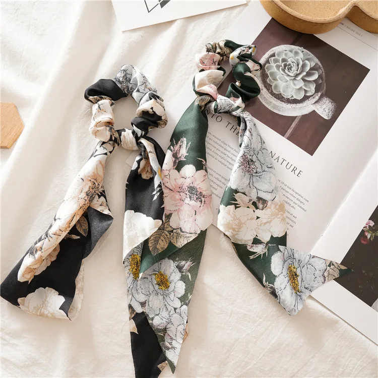 Fashion Flower Printed Long Tail Hairscarf Hair Band Women Ladies Large Floral Satin Silk Ponytail Holder Scrunchies Accessories