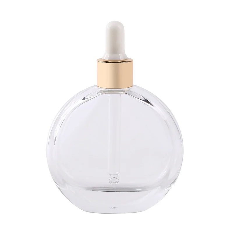 60ml  2oz flat round oblate Clear  thick bottom glass oil serum dropper bottle  for Essential Oil