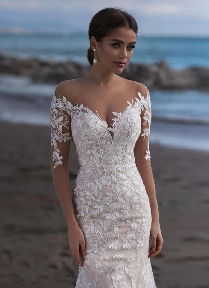 2022 new bridal simple deep V-neck long-sleeved wedding dress forest large backless travel shoot small trailing soft yarn thin