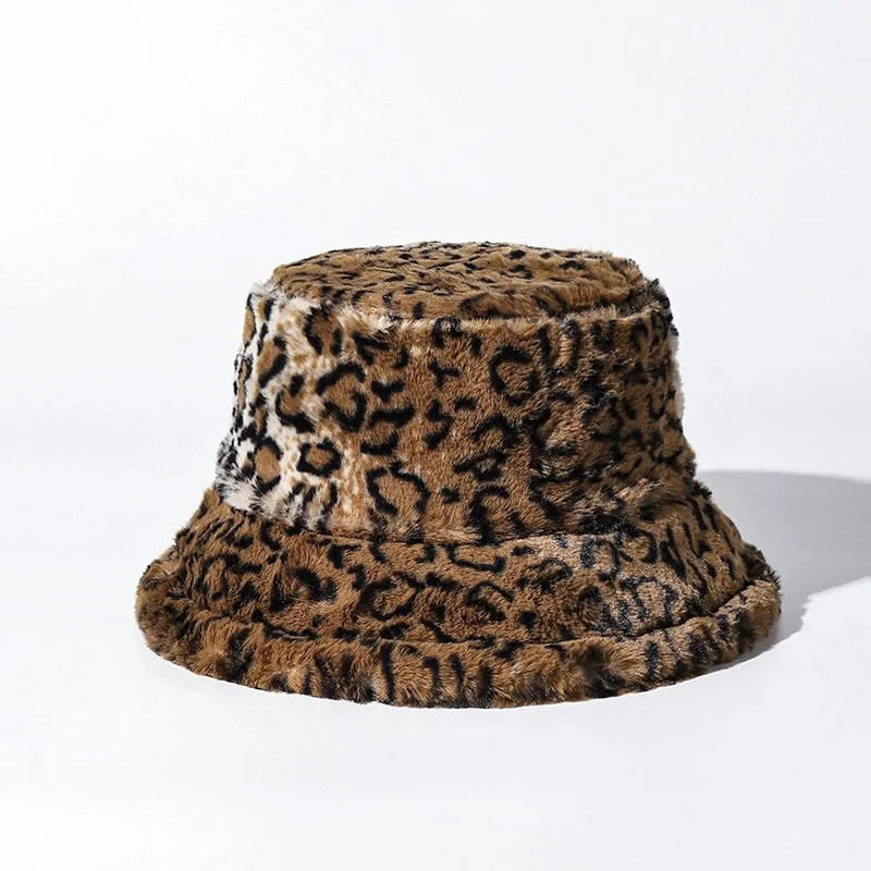 Winter Warm Gradual Leopard Pattern Fisherman Hat with Fake Fur Warm Ear Protect Adjustable Basin Hat Wholesales