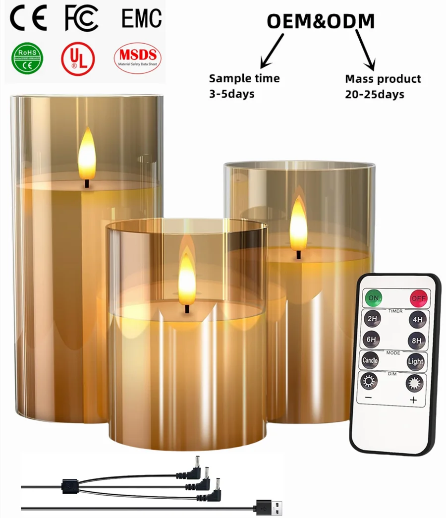 24 hours remote control timer 3d real flame Flickering rechargeable USB Glass Led Electronic Candles Light set for Wedding Decor