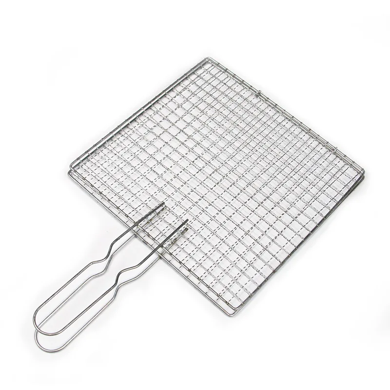 Heat Resistant Stainless Steel Wood Handle Barbecue Grill Net Portable Bbq Grill Basket For Roasting Meat Grill Accessories