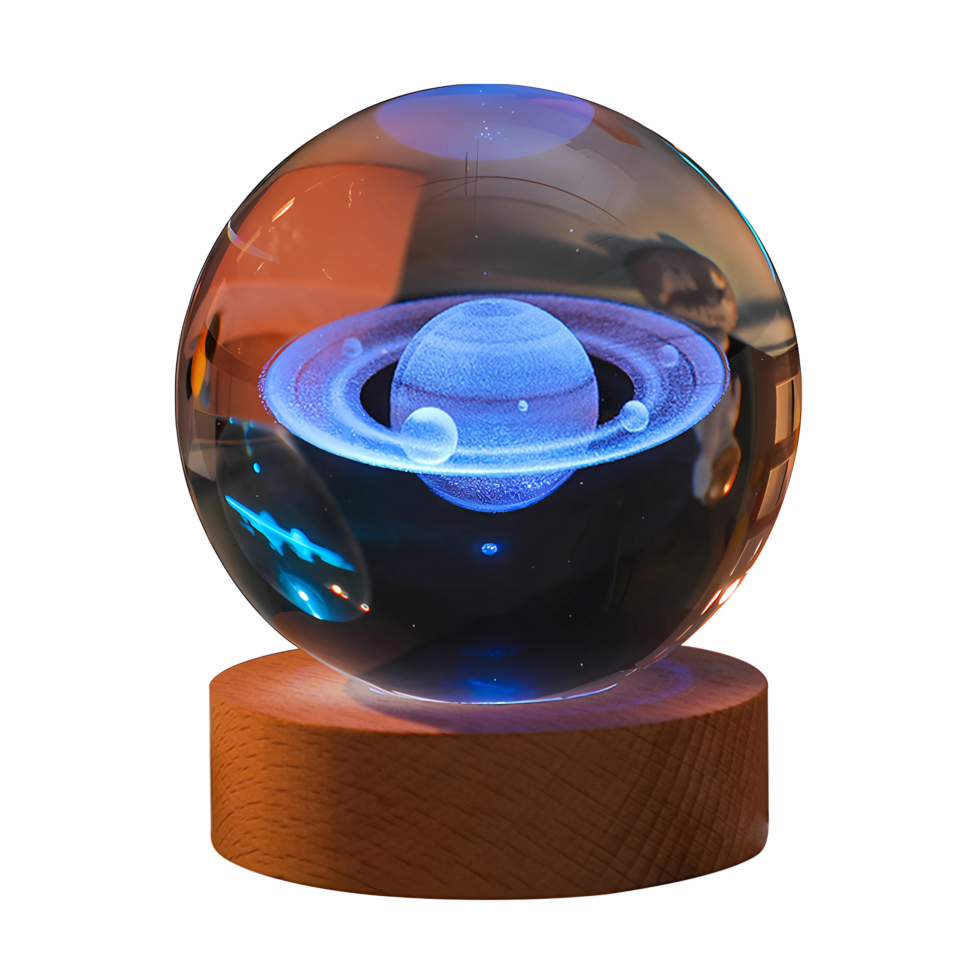 Crystal Solar System Moon Nebula Crystal Ball Luminous Crystal 3D Ball Night Lamp With Wooden Led Night Light Base