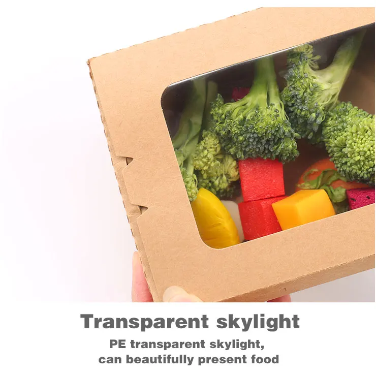Disposable Tableware Bento Lunch Sandwich Fast Takeaway Packaging Brown Kraft Paper Food Box With Clear Window for Salad