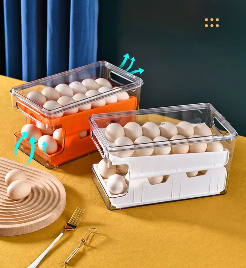 Stackable Fridge Egg Organizer Large Capacity Double track Automatic Rolling Container For Eggs