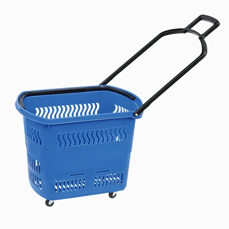 Hot Products Cheap Supermarket Pull Handle Plastic Shopping Basket With Wheels