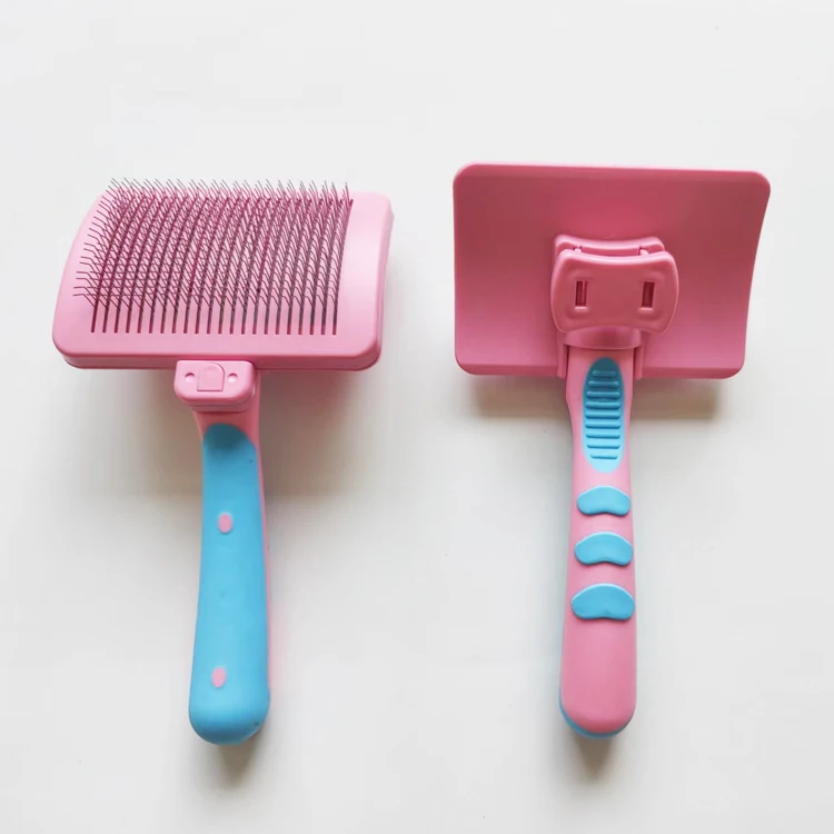ABS PP TPR Steel Needle Dog Cat Cleaning Brush Comb Pet Slicker Brush With Self Clean Button Masaging Bead On Tips