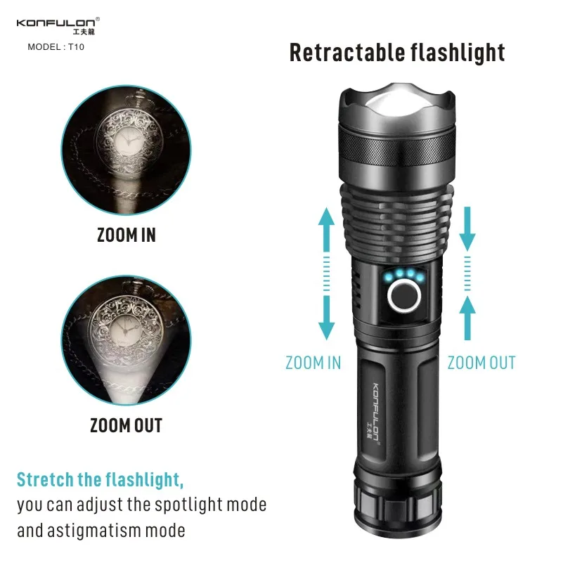 KONFULON Waterproof Tactical Flashlights with USB Rechargeable Battery and 3000 Lumen Powerful LED Light for Emergency Lighting