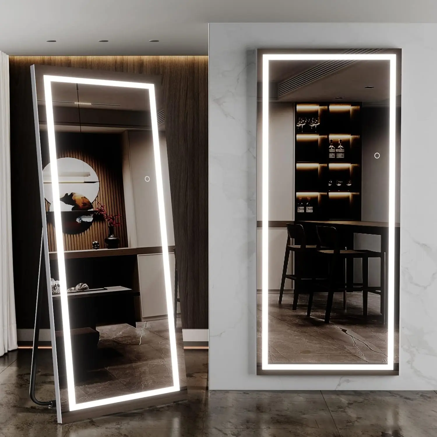 Free Standing Dressing Mirror with LED Lights, Full Length Mirror with 3 Temperature Colours and Storage Shelf Customized Silver