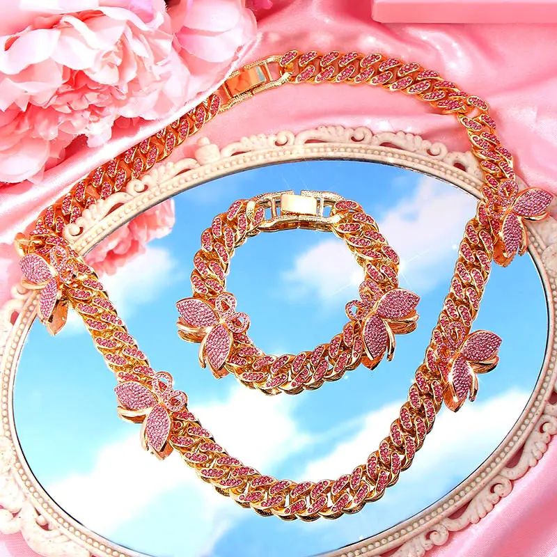 2020 Women Men Hip Hop Luxury Iced Jewelry Personality Gold Plated Crystal Butterfly Choker Rhinestone Cuban Link Chain Necklace