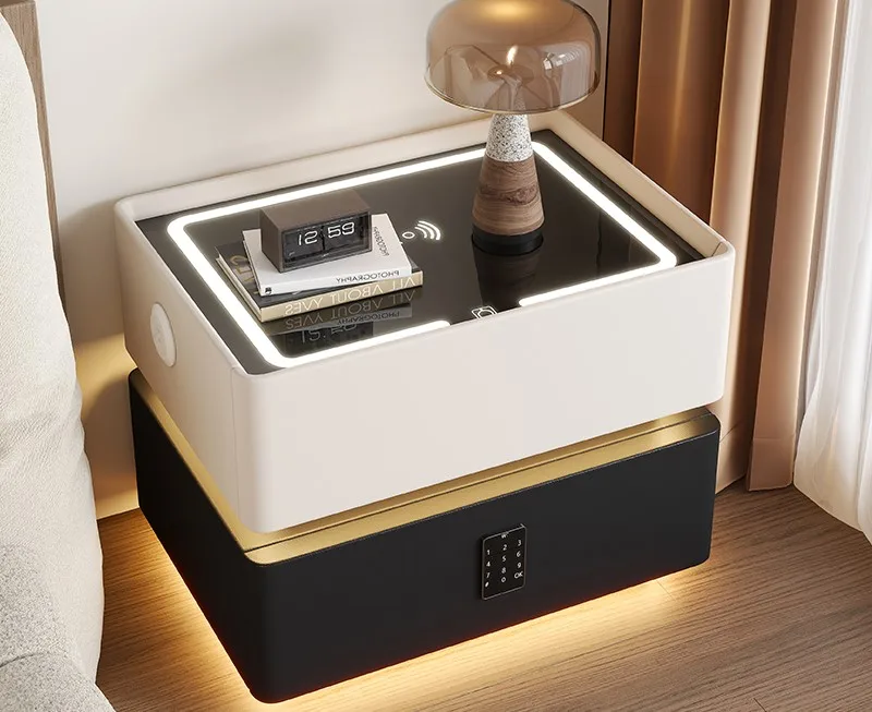 BIXONWOOD Luxury Advanced Bedroom Furniture Leather Smart Bedside Table With Light Bluetooth Speaker Password Lock Usb Port