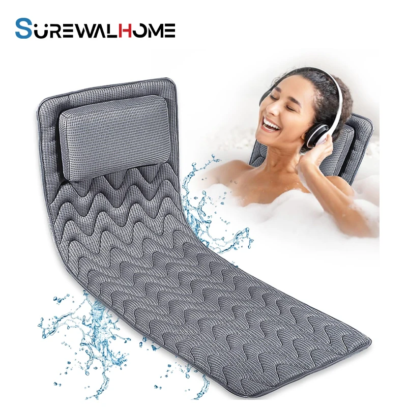 SUREWALHOME Full Body Bath Mattress Bathtub Mat with Pillow  Bathtub Cushion with Non Slip Suction Cups Ergonomic Bath Pillow