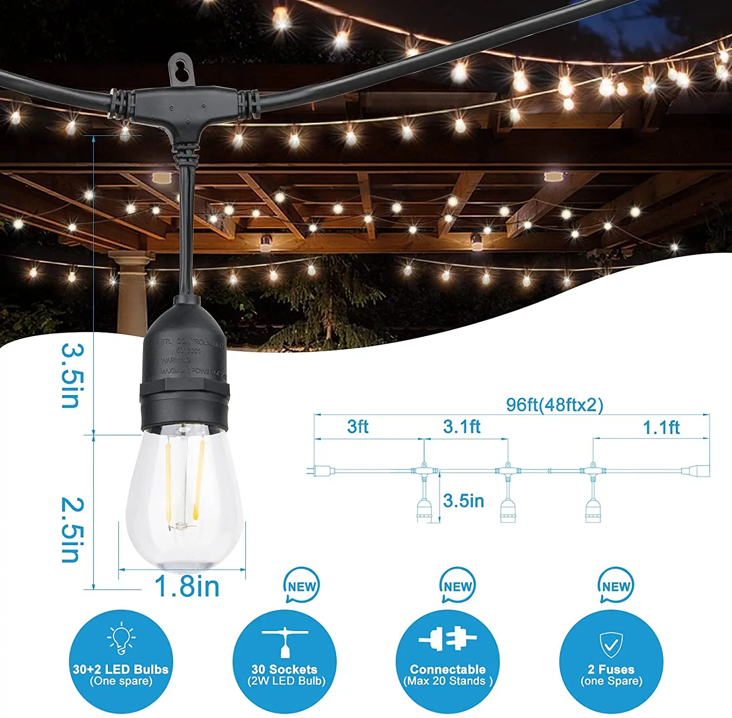 Edison Bulb Smart Ip65 Decorative Patio Crystal Garden Porch Christmas Poles Waterproof S14 Outdoor Solar Led String Lights