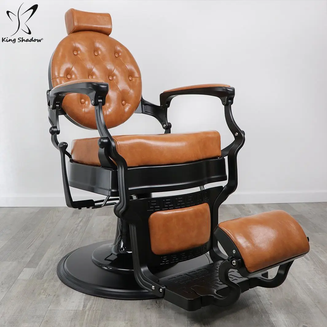 kingshadow Hair salon vintage barber chair brown leather with black frame hair cutting salon styling chair for men