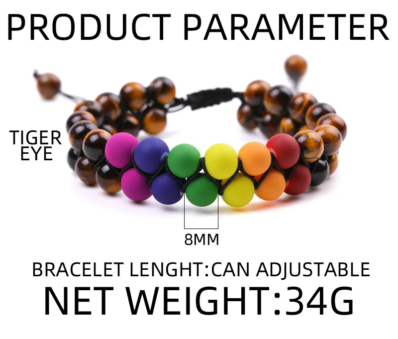 8mm Black Agate Bracelets Seven Chakra Stone Adjustable Double Woven Yoga Relax Bracelet For Women Men