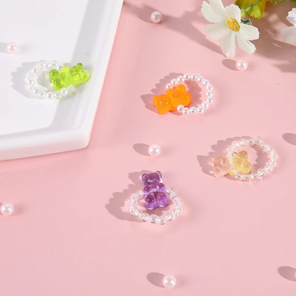 Hot Sale Cute Children Acrylic Transparent Ring Candy Bear Pearl Ring Girl