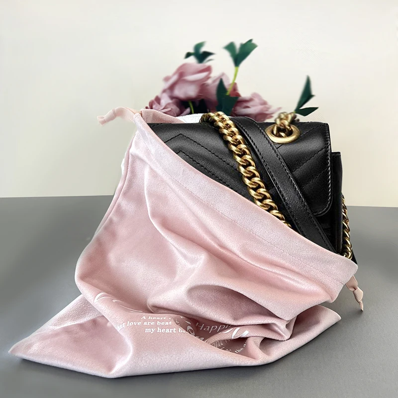 Yile Custom Logo Pink Luxury Dust Bag for Handbags Travel Storage Pouch Felt Cloth Velvet Drawstring Bags