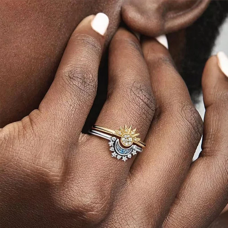 Custom couple sun and moon ring Zircon stacked Ring women 925 sterling silver