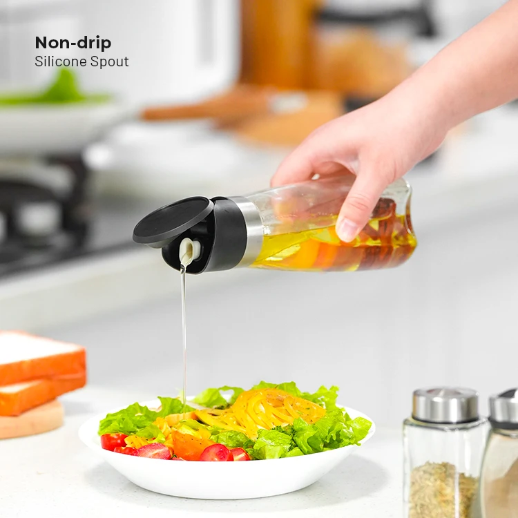 wholesale 500ml clear glass automatic flip auto open olive oil and vinegar dispenser bottle no drip pourer spout with filter