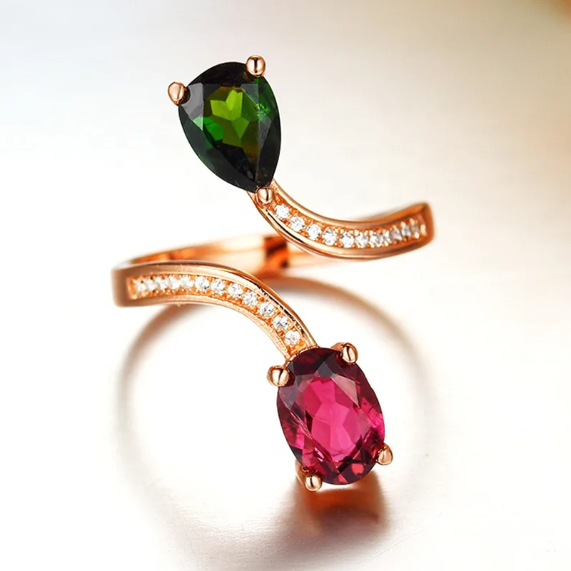 Unique design 925 sterling silver jewelry  main two stone natural tourmaline adjustable rings