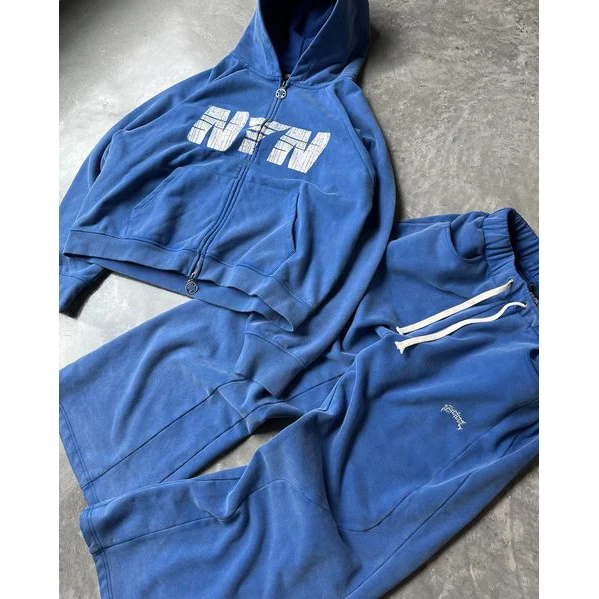 custom cotton high quality distressed print zip up heavyweight hoodie and flared sweatpants sets sweatsuit tracksuit for men