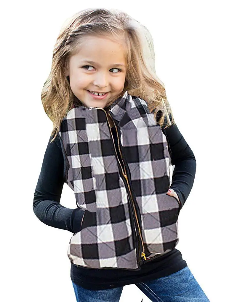 Hot sale Winter Warm Waistcoat Vest Clothes Kids Puffer Quilted Pocket Gilet Coat girl Buffalo Plaid Zipper Jacket