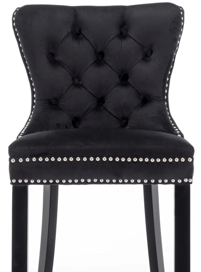 High back and seat with front back buttons decoration and studs around top wooden KD legs bar chair