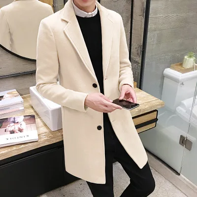 Solid Color Casual Fashion Men Long Coat Breathable Thermal Wool Coat Trench Coat