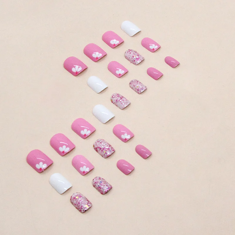 24pcs Pink White Flowers Cute Explosive Short Square False Nails Stick On Nails Press on Nails