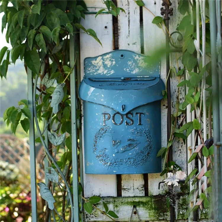 Garden Decor Distressed Style Post Box Metal Embossed Outside Wall Mount Mailbox