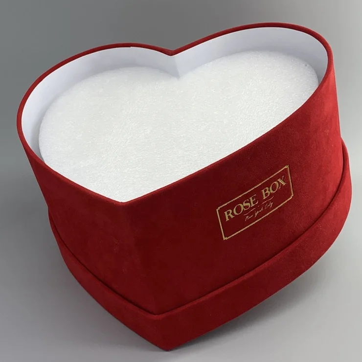 Wholesale high quality red velvet heart shaped flower box with insert foam for preserved roses