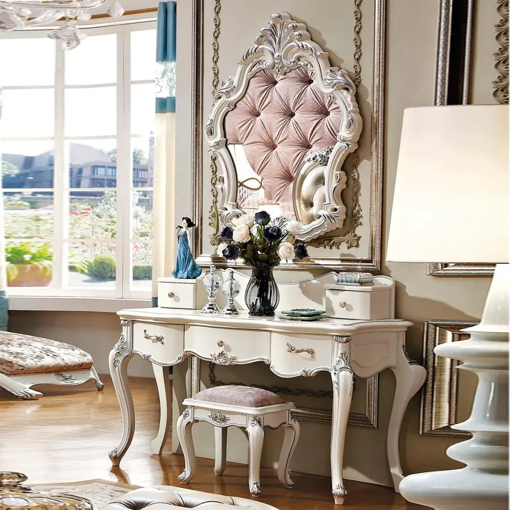 high class vintage French style white colour small size dressing table with mirror for bed room