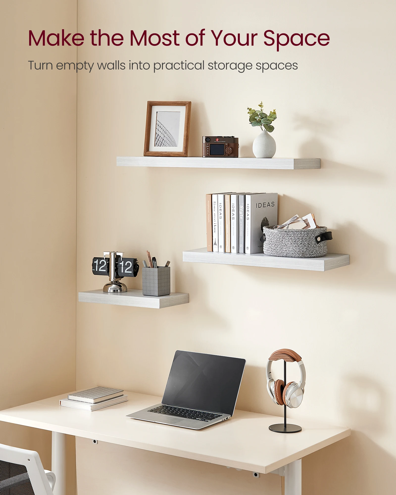 VASAGLE Maple White Wall Mounted Shelf for Photo Frames Decorations Living Room Study Kitchen Wall Shelf