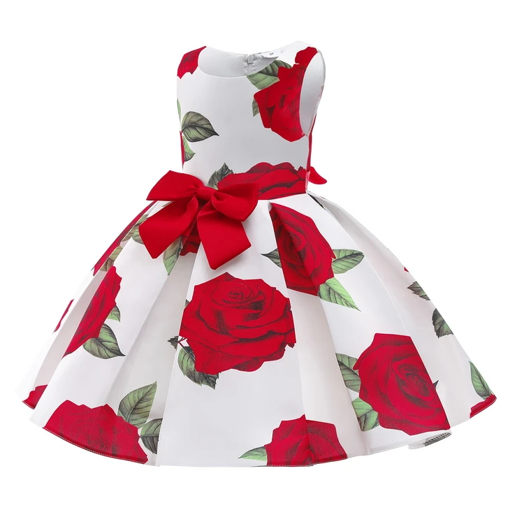 HDKZT8126 2021 Summer Black White Baby Kids Clothes Print Rose Dresses Flower Girls Dress Girl Princess Children Party Skirt