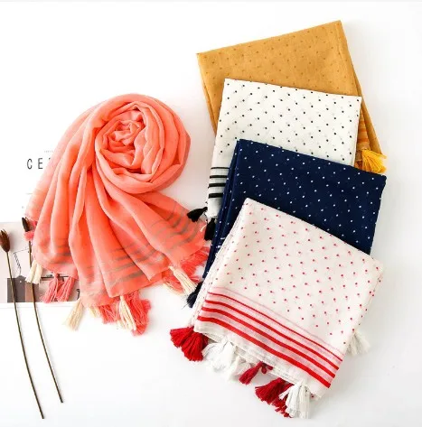 Шарф из пашмины, шелковый шарф, длинная Солнцезащитная шаль в горошек с кисточками, женская новая тонкая однотонная хлопковая и льняная летняя шаль, ethicon soie