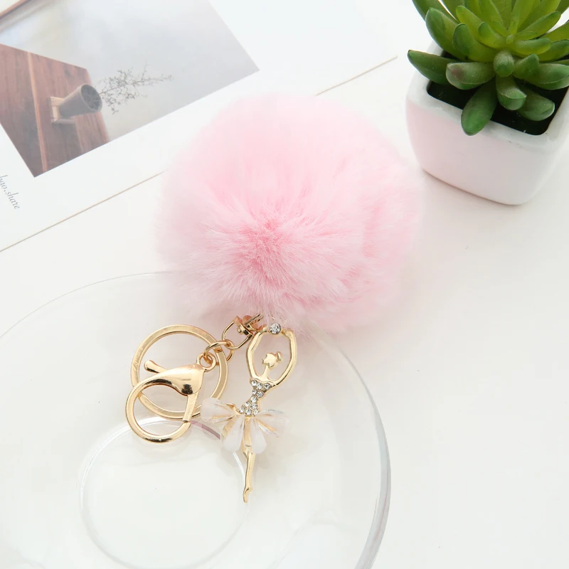 
Faux Rabbit Fur Pom Pom Angel Ballet Girl Designer Key Chain for Ladies Keyrings Metal Charm Acessories Pendant Women 1054A 