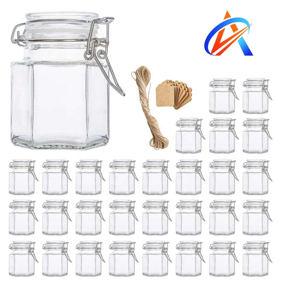 100ml Customized Logo Airtight Small Flip Top Hexagon Glass Herb Spice Jar With Clip Clamp Lids