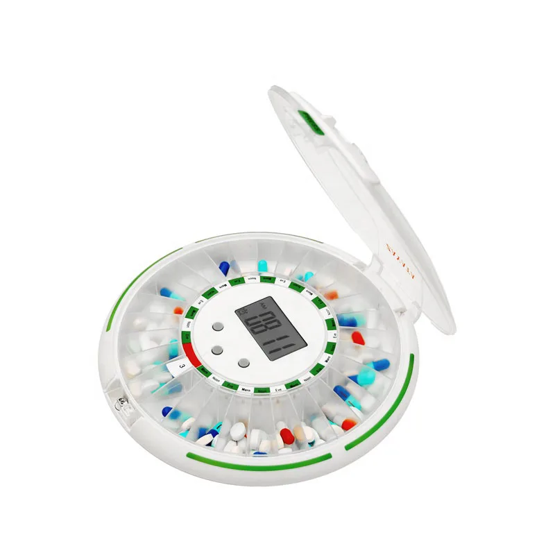 Стандартный отдельный диспенсер для таблеток с сигнализацией для пожилых людей, 28-дневный цилиндрический диспенсер для таблеток
