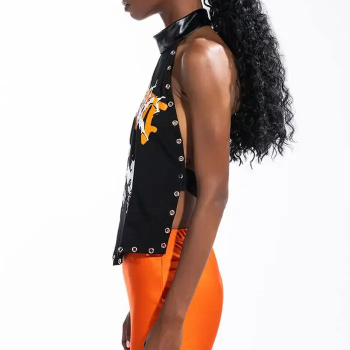 Hot sale sleeveless vegan leather mock neck open back screen printed sexy women tank top with back button