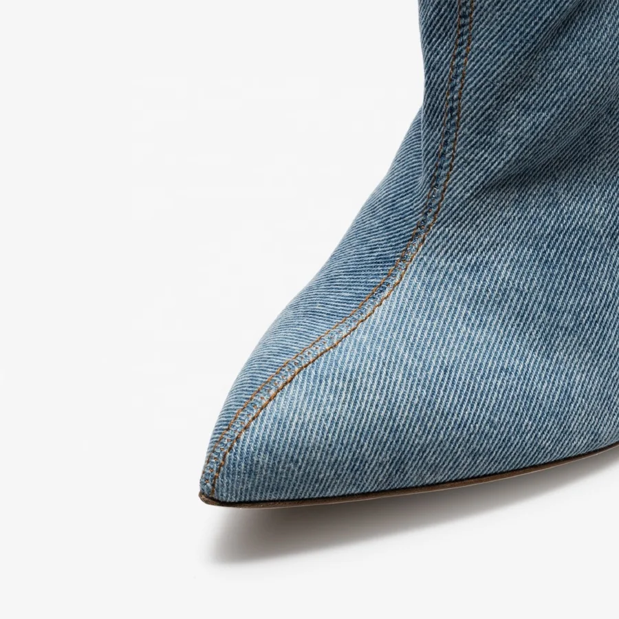 high quality lady shoes accept customize leather zip up baggy boots blue over the knee high heel women denim boots