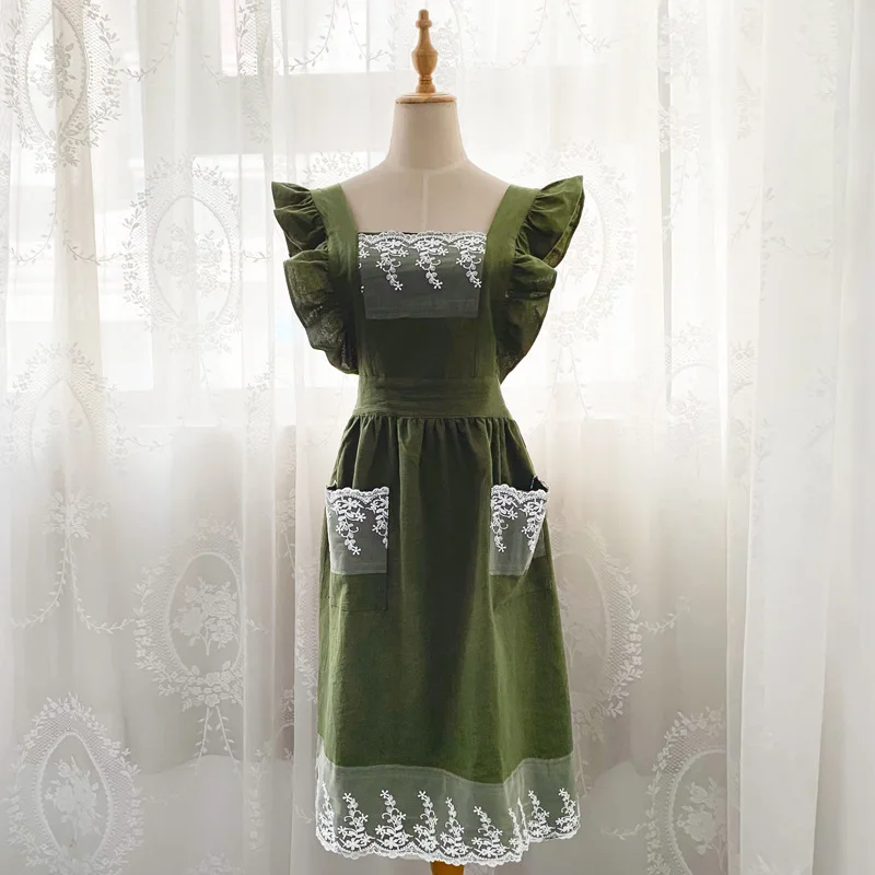 Custom Restaurant Kitchen Women Cooking Chef Barista Cotton Linen Apron Dress With Pocket