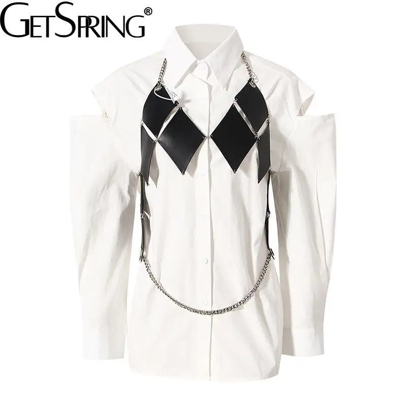 Getspring Women Shirt Long Sleeve Hollow Out Cotton White Shirt Blouse Casual Loose Spring Women's Clothing 2022 New