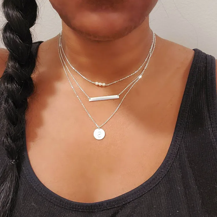 wholesale custom personalized disc 925 sterling silver 14 k gold plated 3 multi-layer pearl necklace set