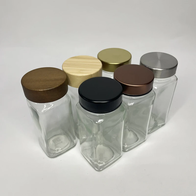 4 oz Bamboo Wood Lid Empty Square Spice Seasoning Bottles Containers Jars for Spices Glass Spice Jars Set with Label Shaker Lids