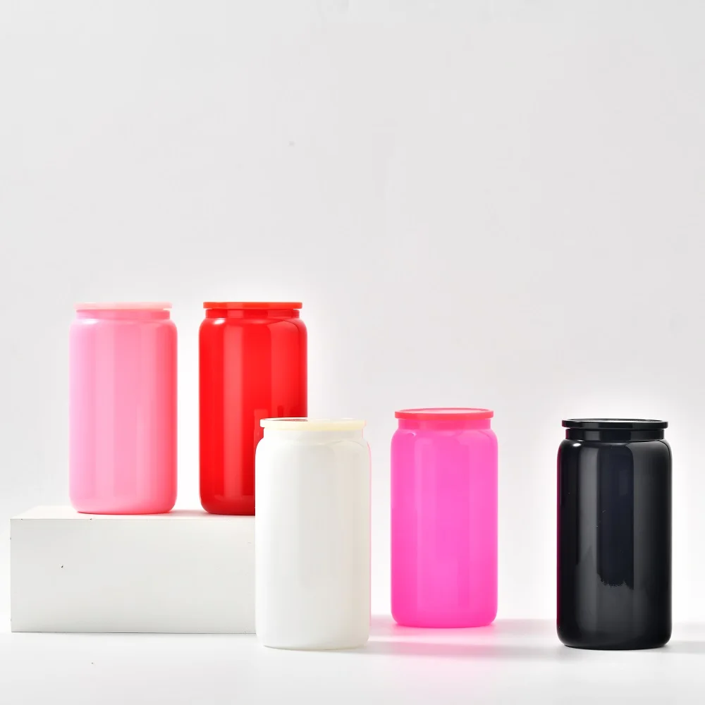 hot sale Sublimation Beer Drinking Glasses 16oz colorful solid color Black Glass Beer Can With Lid