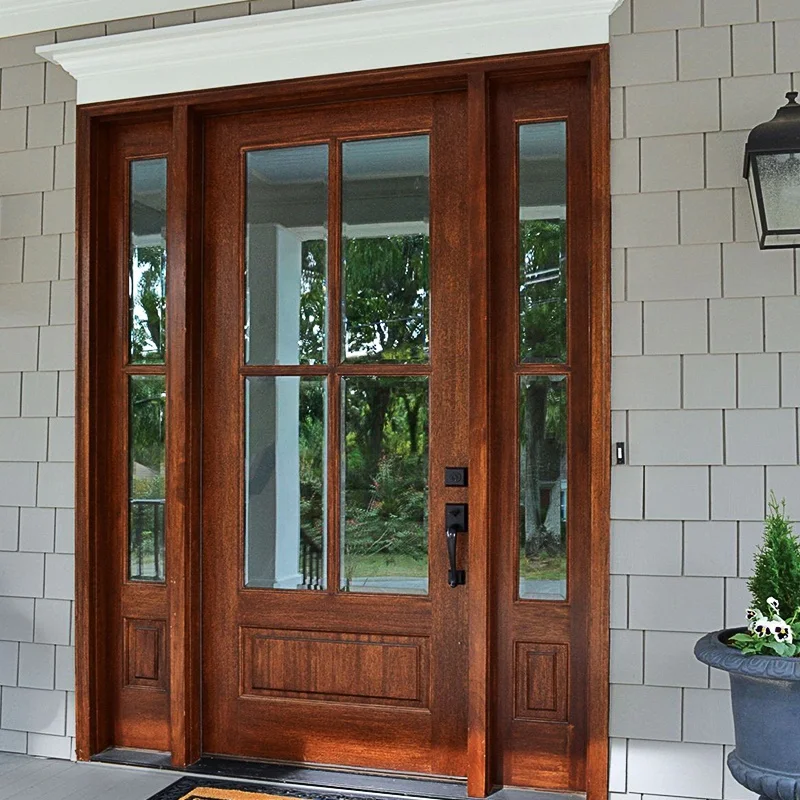 Hot sale double leaf solid wood entrance door with glass for villa