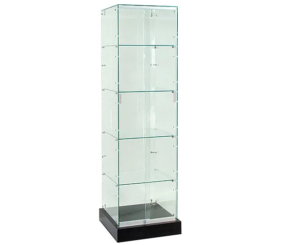 Disassembled Glass Display Tower Case Frameless Full Vision  Showcase Tower with Black Base